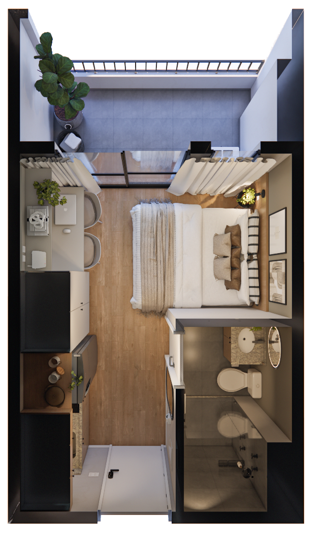 Render 3D superior de estúdio no Tanabi Perdizes com cama, bancada de trabalho, cozinha compacta, banheiro e varanda