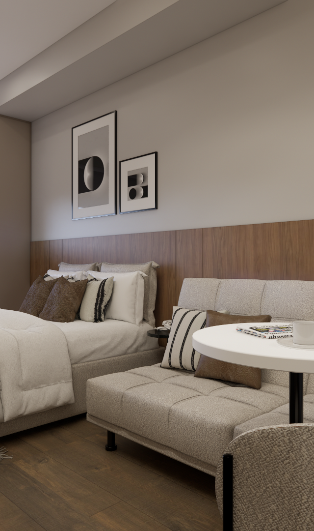 Render 3D de estúdio com cama, sofá-cama, mesa redonda branca e painel de madeira em tons neutros e iluminação suave
