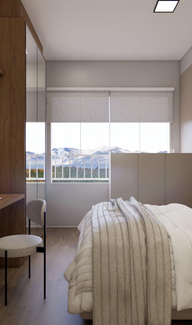 Render 3D de quarto compacto com marcenaria em madeira e tons neutros, cama de casal, mesa de trabalho e iluminação suave