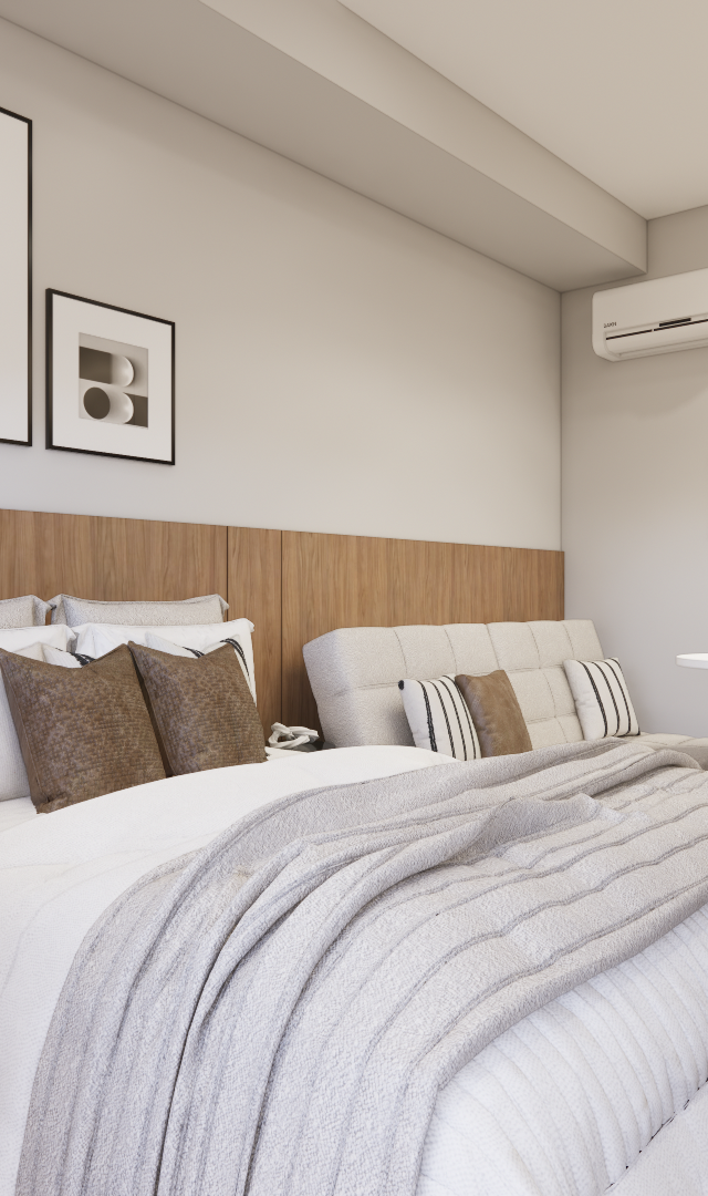 Render 3D de estúdio compacto com cama, painel em madeira, sofazinho, mesa de apoio, tons neutros e iluminação em trilho