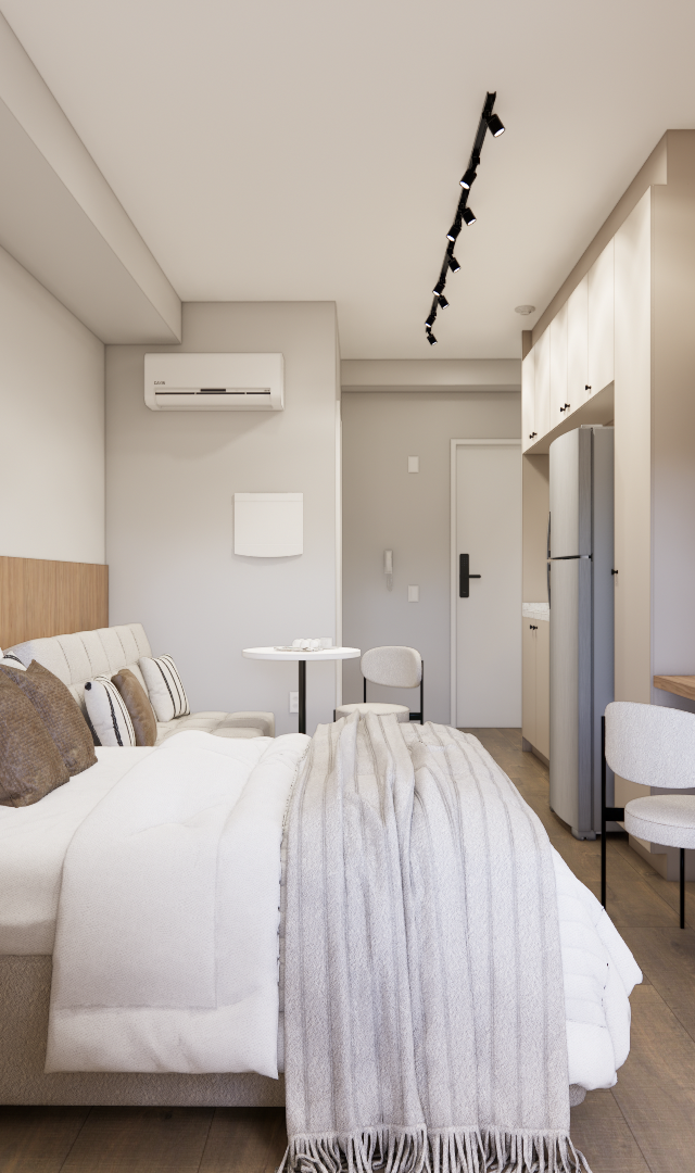 Render 3D de estúdio compacto com tons neutros, cama de casal, marcenaria em madeira, iluminação em trilho e espelho amplo