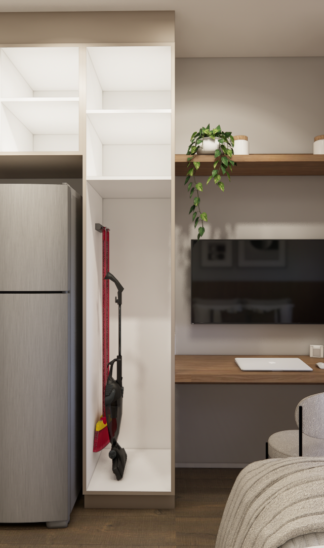 Render 3D de estúdio com marcenaria planejada em tons de bege e madeira, cozinha compacta, bancada de trabalho e guarda-roupa