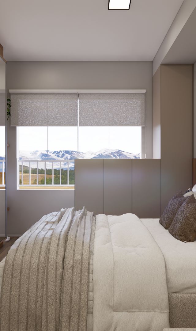 Render 3D de quarto compacto com marcenaria em tons amadeirados, cama de casal, mesa de trabalho e janela com vista externa