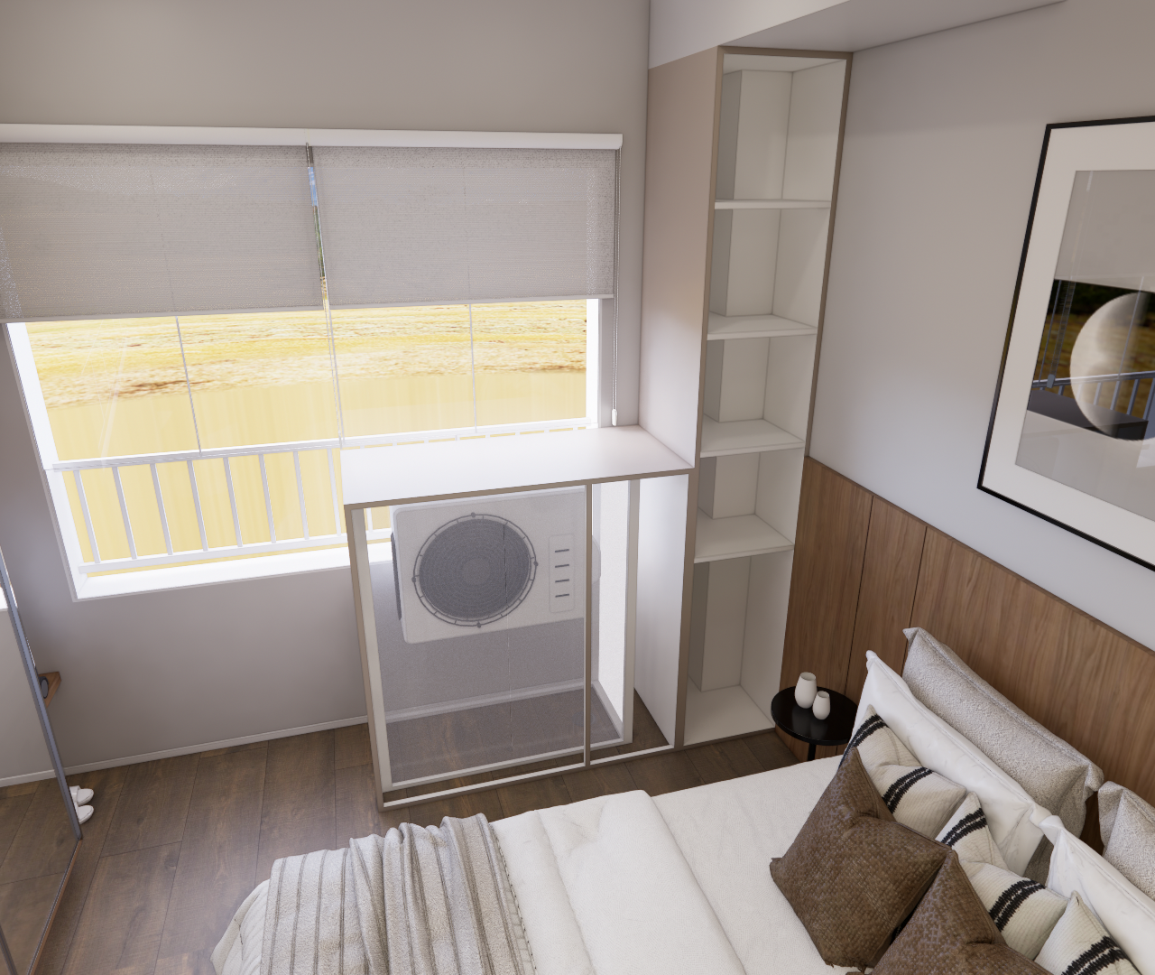 Render 3D de quarto compacto com cama, marcenaria em madeira e nichos brancos, cortina romana e ar condicionado embutido