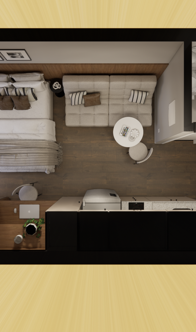 Planta baixa 3D de studio com cama, sofá, mesa, cozinha compacta e banheiro em tons neutros, madeira e preto