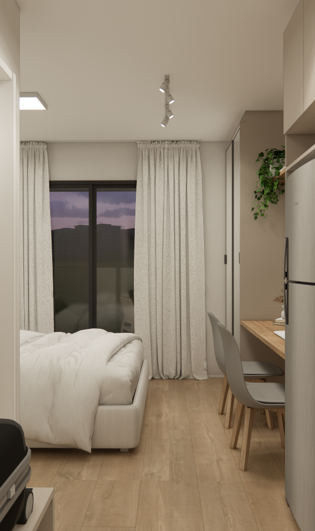 Render 3D de estúdio no S · Level Brooklin com cozinha em tons neutros, bancada em granito e quarto com piso amadeirado