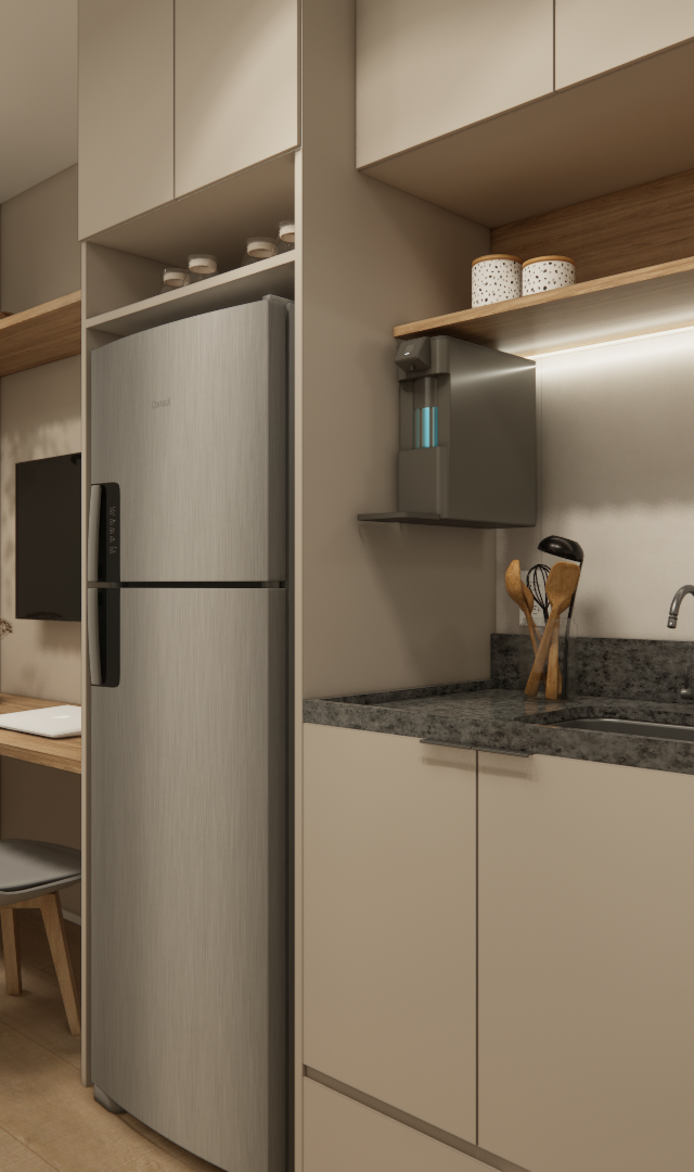 Render 3D de cozinha compacta e home office, marcenaria bege, bancada em granito escuro, iluminação quente e tons neutros