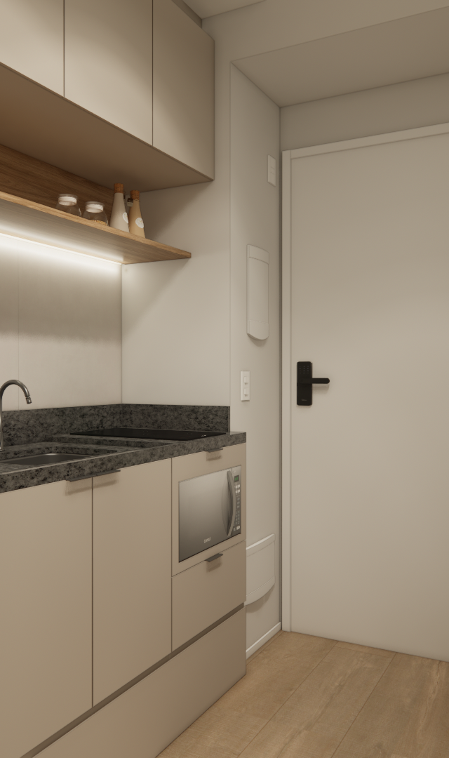 Render 3D de cozinha compacta em tons neutros, marcenaria bege, bancada em pedra escura, iluminação LED e piso amadeirado