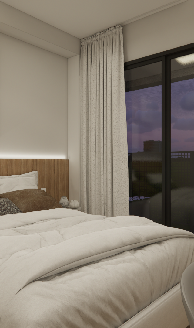 Render 3D de quarto no TVS Level Brooklin com cabeceira amadeirada, iluminação indireta, cama e quadros em tons neutros