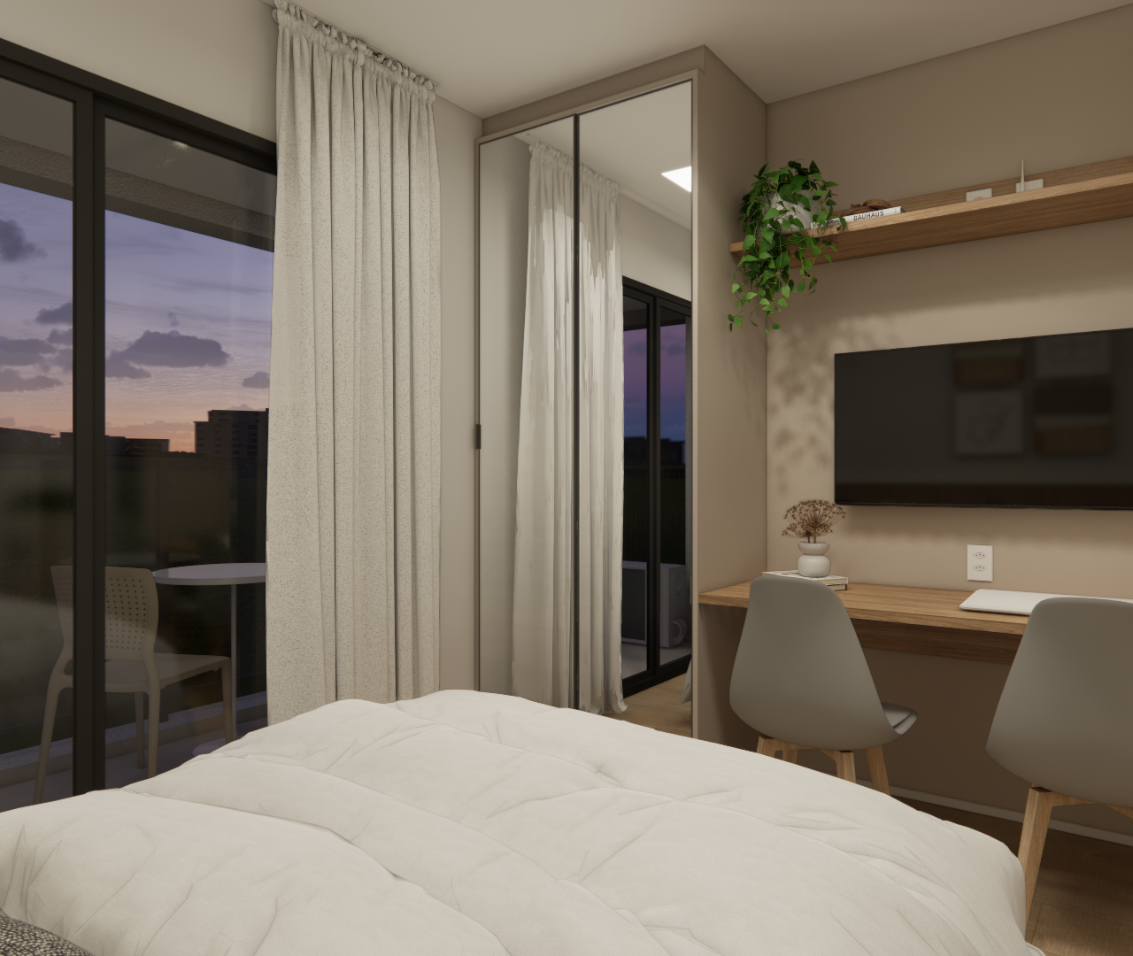 Render 3D de quarto no TV S Brooklin com tons neutros, marcenaria em madeira, TV, mesa com cadeiras cinzas e varanda