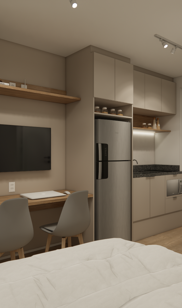 Render 3D de estúdio integrado com cama, mesa de trabalho, TV, marcenaria em tons neutros, iluminação quente e espelhos