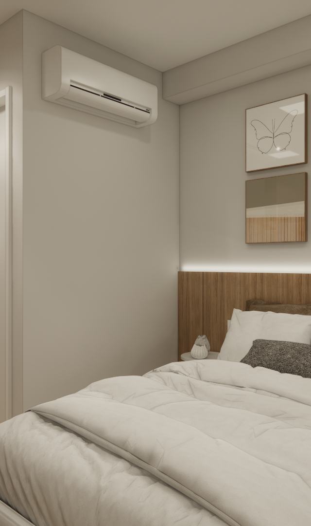 Render 3D de quarto com tons neutros, cabeceira amadeirada com fita de LED, cama com colcha branca e quadros decorativos