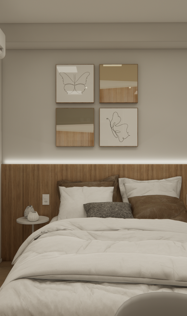 Render 3D de quarto minimalista com cabeceira em madeira, iluminação indireta, quadros neutros e tons de bege e branco