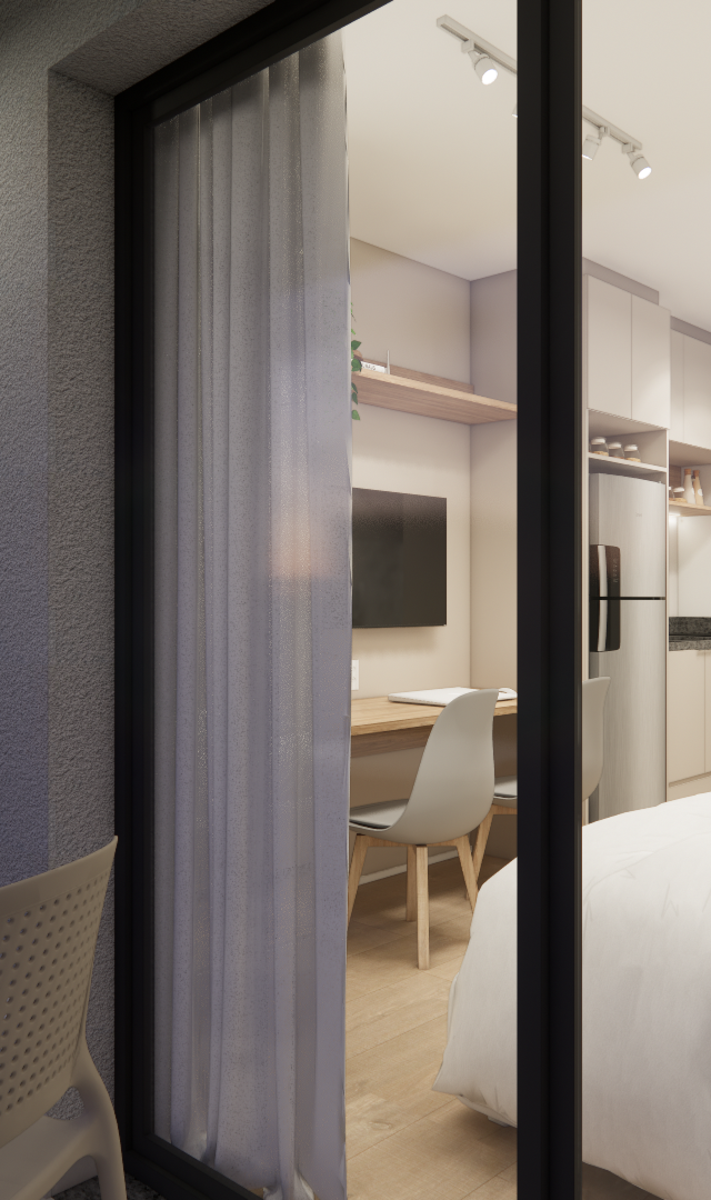 Render 3D de sacada e estúdio compacto em tons claros com mesa, cadeiras, cozinha planejada e iluminação em trilhos