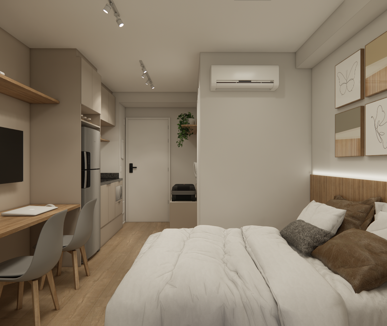 Render 3D de estúdio com tons neutros, cama, marcenaria em madeira, bancada de trabalho, cozinha linear e iluminação spot