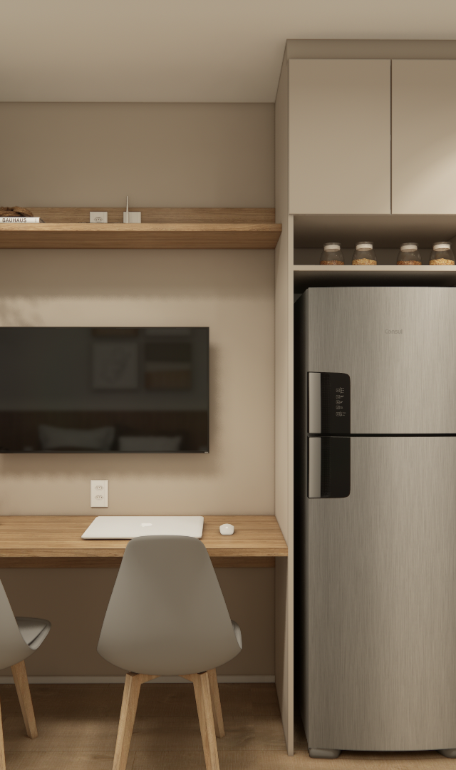 Render 3D de cozinha e home office integrados com marcenaria em tons de bege, bancada de madeira, TV e iluminação quente