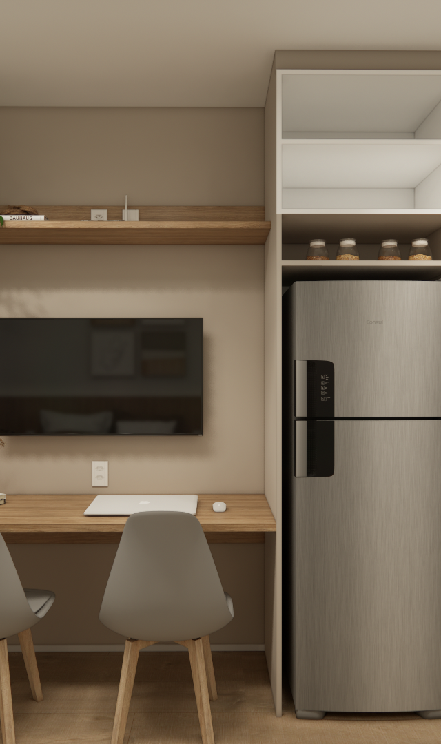 Render de estúdio com marcenaria bege, bancada de madeira, mesa para dois, TV e cozinha compacta com tons neutros e LED