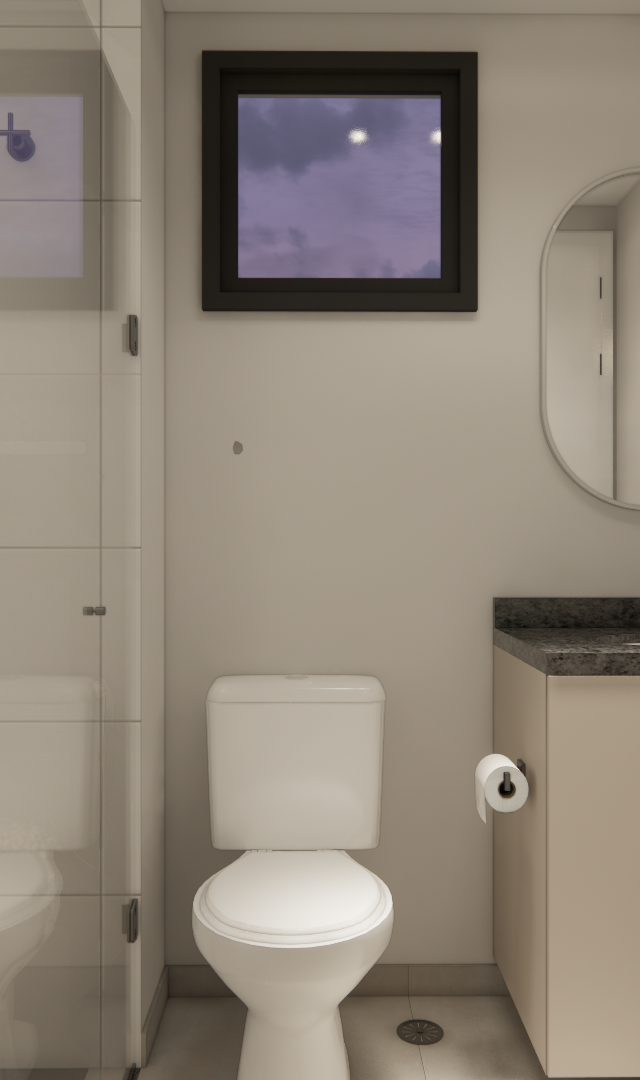 Render 3D de banheiro S · Level Brooklin com paredes claras, box de vidro, metais pretos e bancada em pedra escura