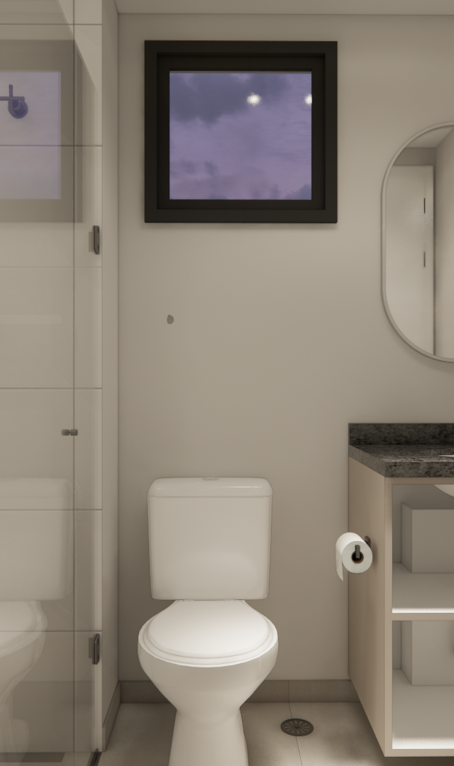 Render 3D de banheiro moderno no S · Level Brooklin, com tons neutros, metais pretos, box de vidro e bancada em pedra