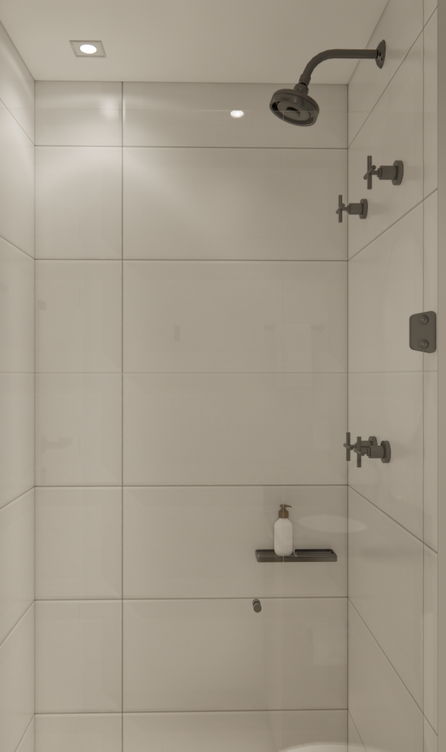 Render 3D de banheiro S · Level Brooklin com azulejos claros, metais escuros, ducha, toalheiro e iluminação embutida