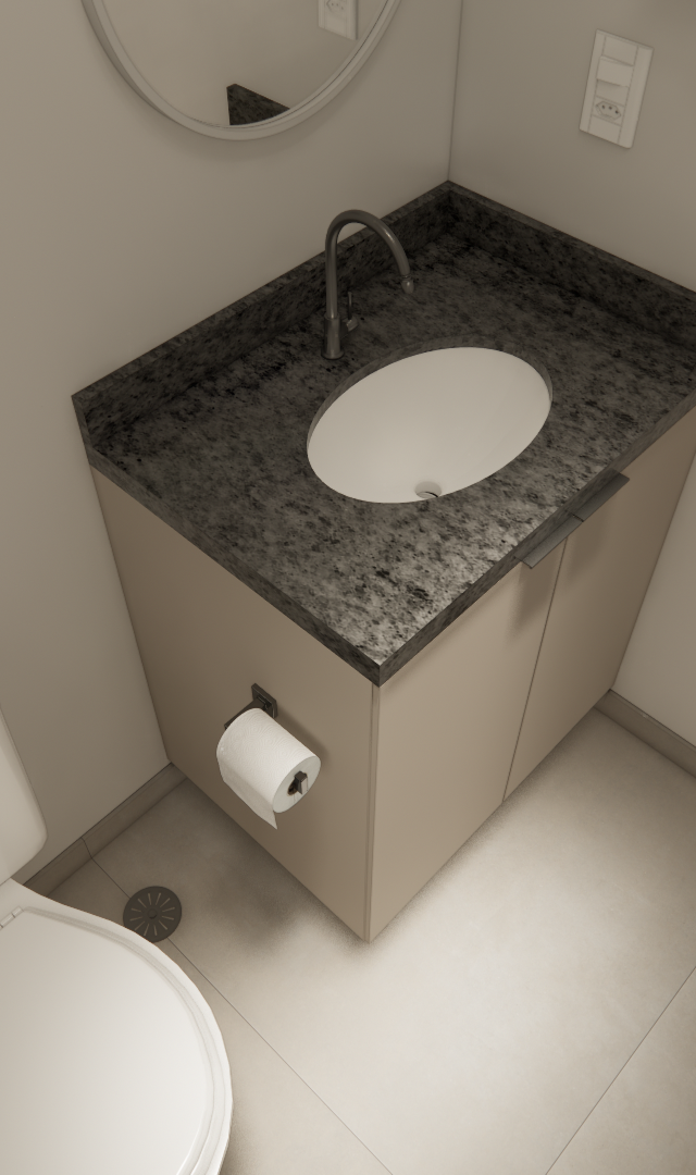 Render 3D de lavabo com bancada de granito escuro, cuba branca, gabinete bege e vaso sanitário, em tons neutros e claros