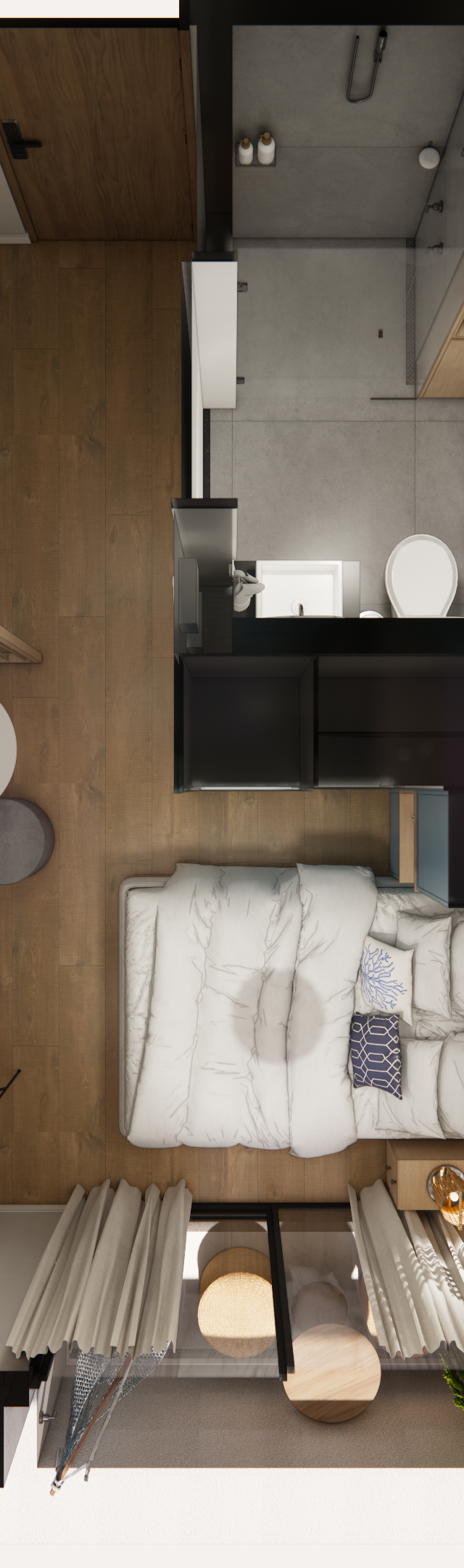 Planta baixa 3D de studio VC Terrae com piso amadeirado, mobiliário planejado em tons neutros, cozinha, cama e banheiro