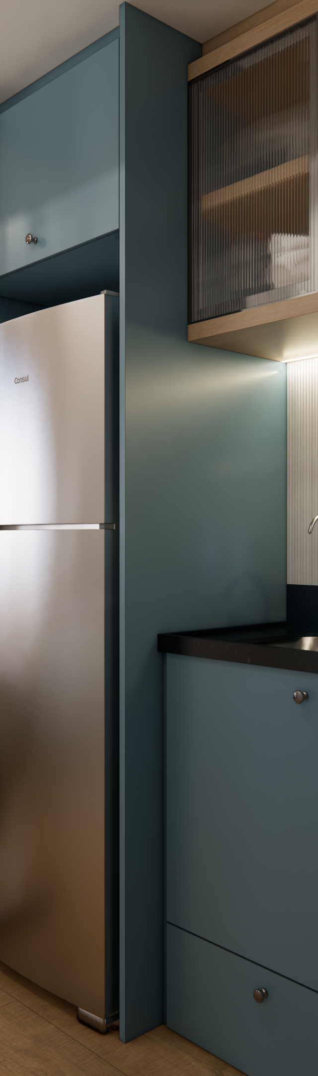 Render 3D de cozinha e área de refeição integrada com marcenaria azul, detalhes em madeira e divisória de cordas