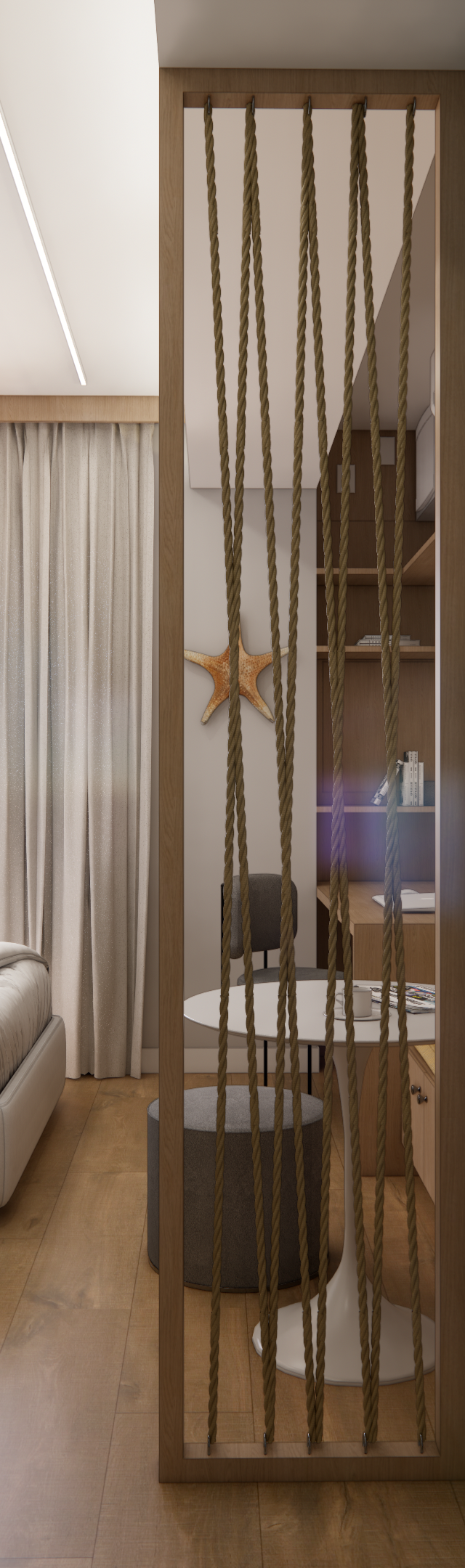 Render 3D de estúdio com cozinha em tons azul e bancada preta, divisória de cordas em madeira e quarto com piso amadeirado