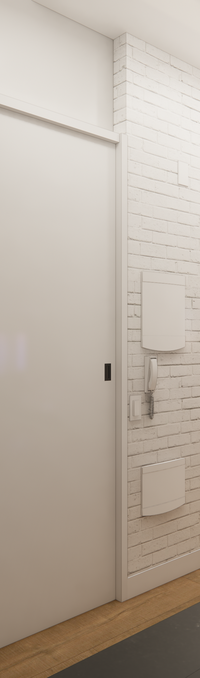 Render 3D do Terrae Pinheiros com cozinha integrada, marcenaria clara, parede de tijolinho branco e quarto ao fundo