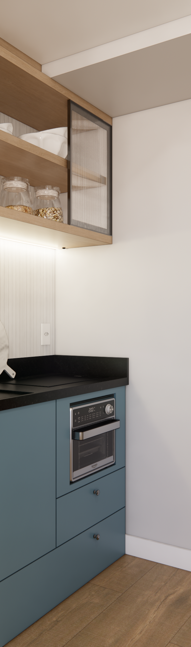 Render 3D de cozinha compacta VC-TERRAE com marcenaria azul, bancada preta, prateleiras em madeira e iluminação em LED
