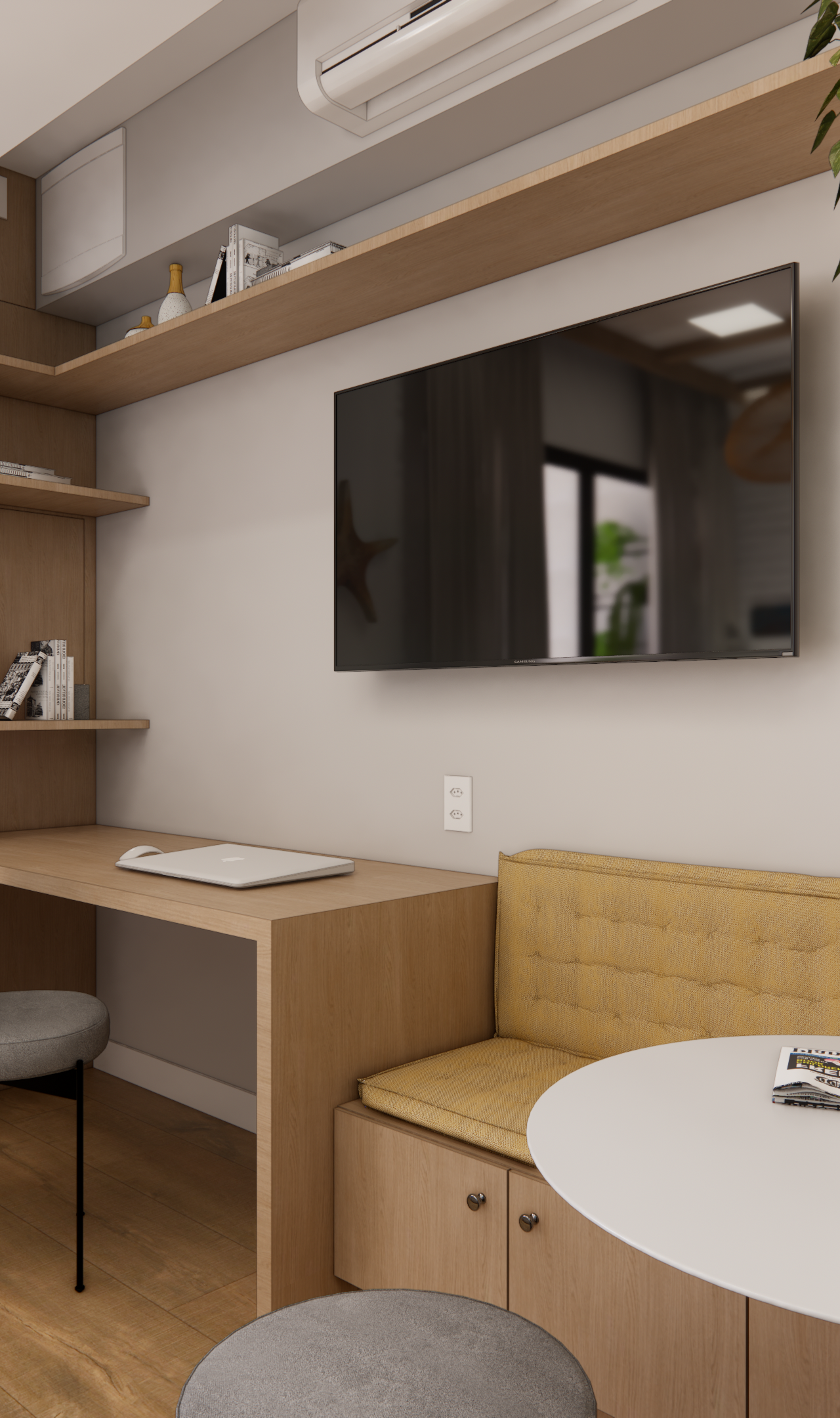 Render 3D de home office e sala de jantar no Terrae, com marcenaria em madeira clara, sofá amarelo, tv e decoração
