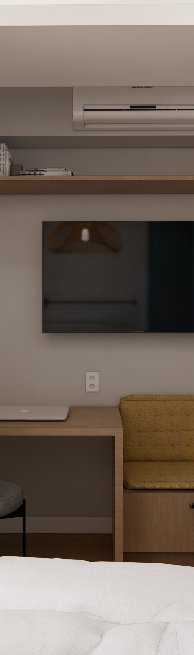 Render 3D de dormitório com marcenaria em madeira clara, mesa, sofá amarelo, tv, poltrona cinza e divisória de cordas