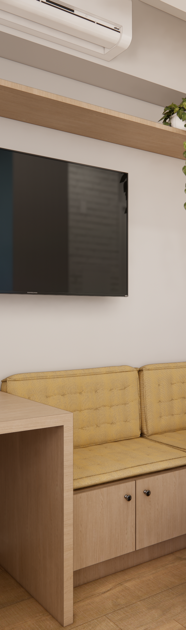 Render 3D de sala e cozinha integrada com marcenaria em madeira clara, sofá amarelo, divisória de cordas e iluminação suave