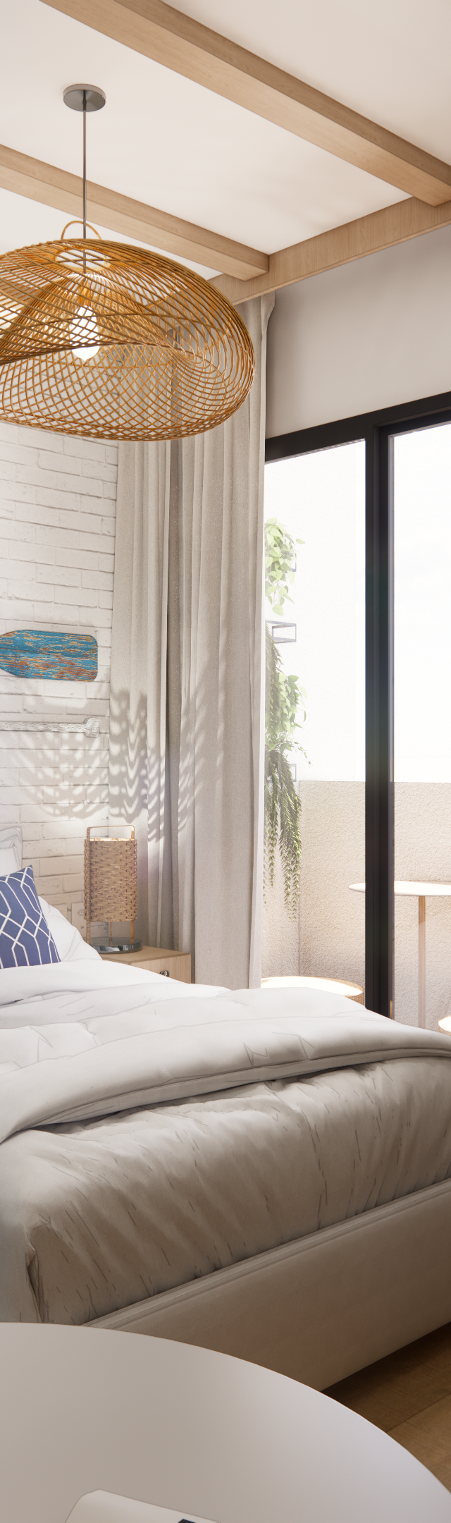 Render 3D de quarto com estilo praiano, parede de tijolo branco, cama, marcenaria em madeira e iluminação natural suave