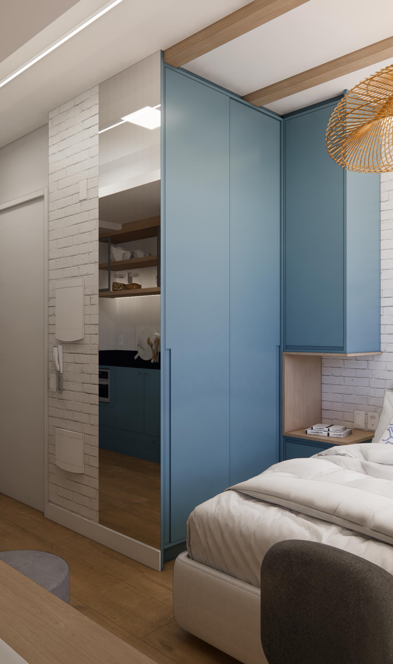 Render 3D de quarto estilo náutico no VC - TERRAE, com marcenaria azul, parede de tijolinho branco, cama e luminária palha