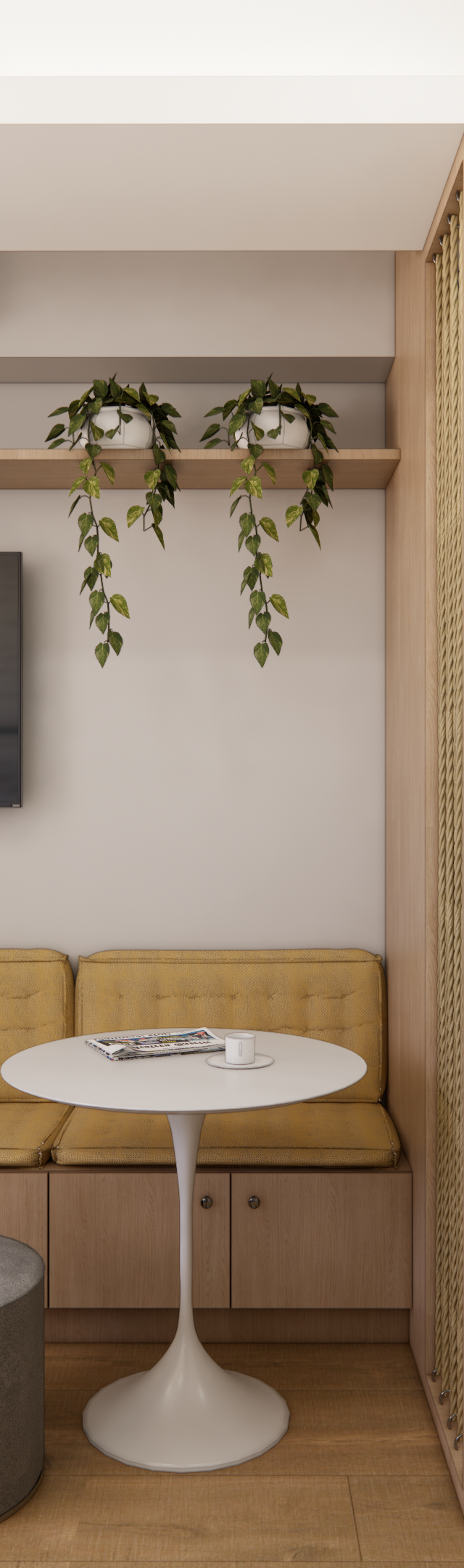 Render 3D de apartamento em SP com home office, sofá amarelo, mesa de jantar e cozinha com marcenaria azul e madeira