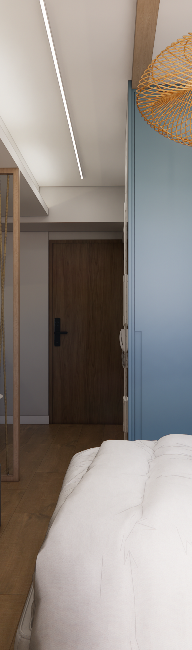 Render 3D de quarto no VC Terrae com cama, armário azul, parede de tijolo branco, mesa de trabalho e iluminação em fibra