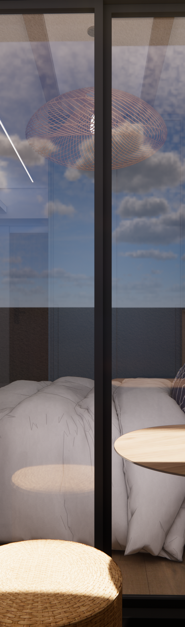 Render 3D de varanda com rede, mesa redonda de madeira, bancos de palha e plantas suspensas, luz natural e tons neutros