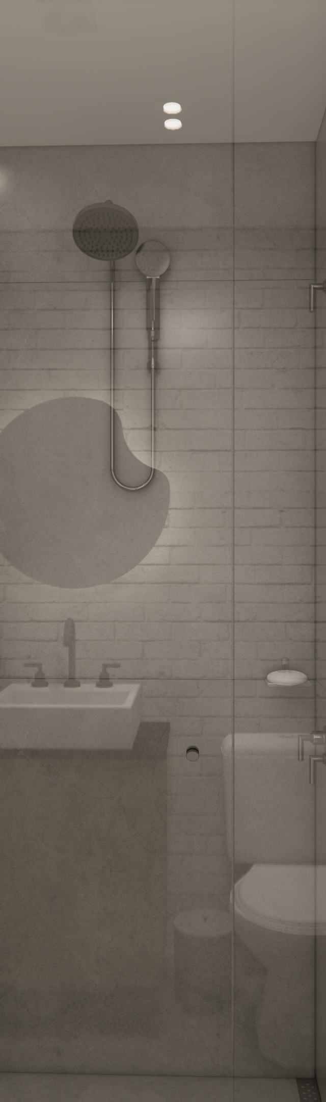 Render 3D de banheiro moderno no projeto Terrae: tons cinza, nicho de madeira, box de vidro, metais cromados e iluminação LED