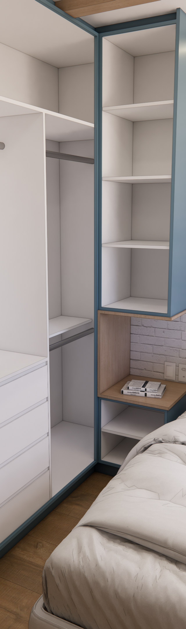Render 3D de quarto no VC - TERRAE com paredes de tijolo branco, armário azul e madeira, cama, luminária de palha e remos