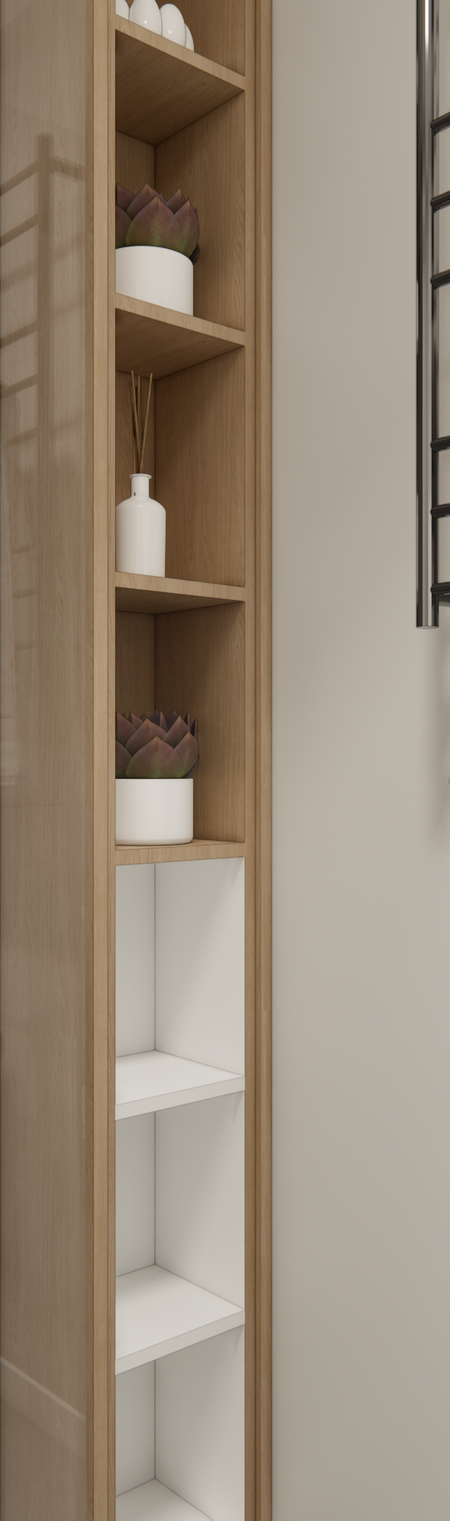 3D do banheiro no VC - TERRAE com nicho de madeira, box de vidro, toalheiro aquecido, tons neutros e iluminação suave