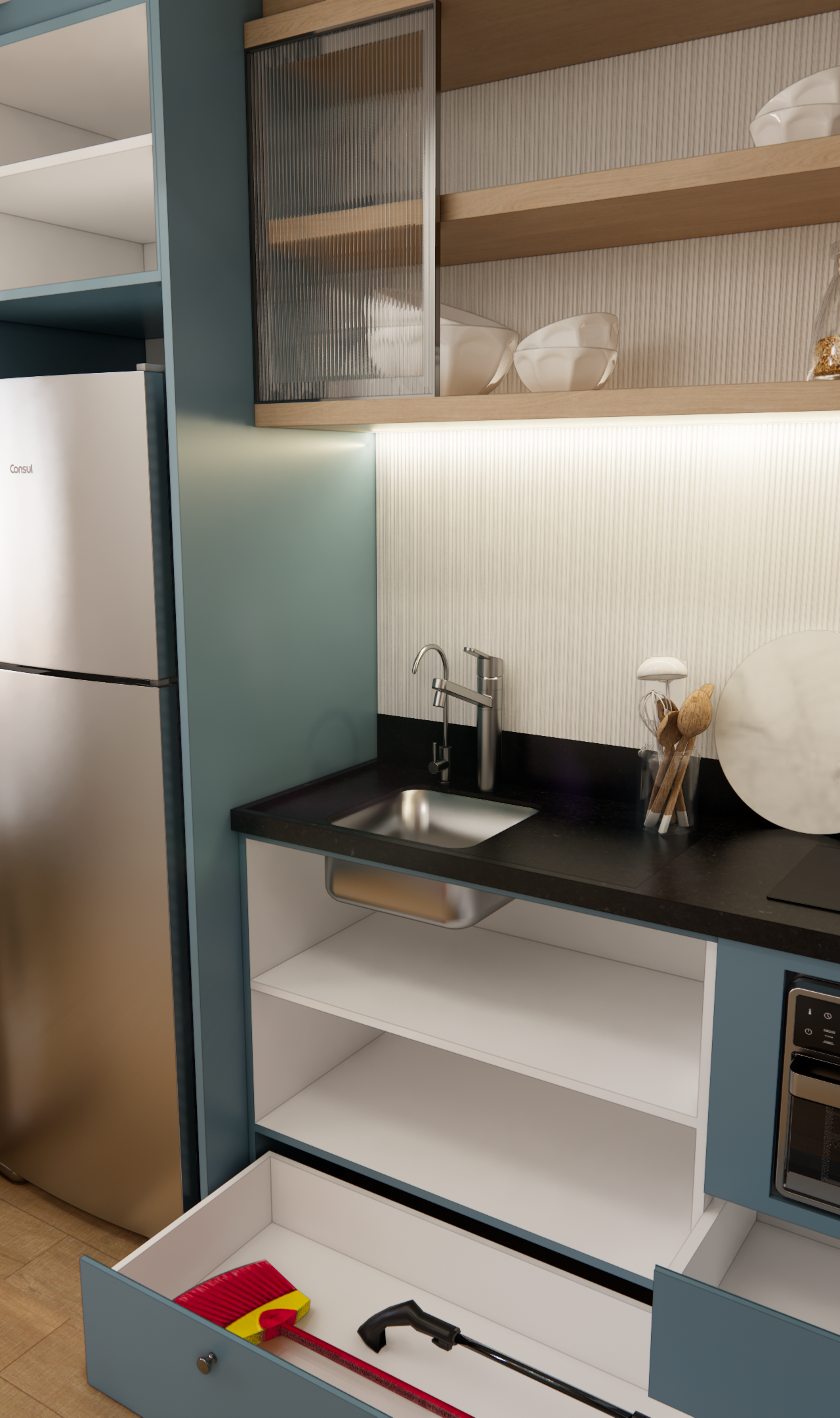 Render 3D de cozinha compacta azul e madeira com bancada preta, iluminação em LED e divisória de cordas no VC - TERRAE
