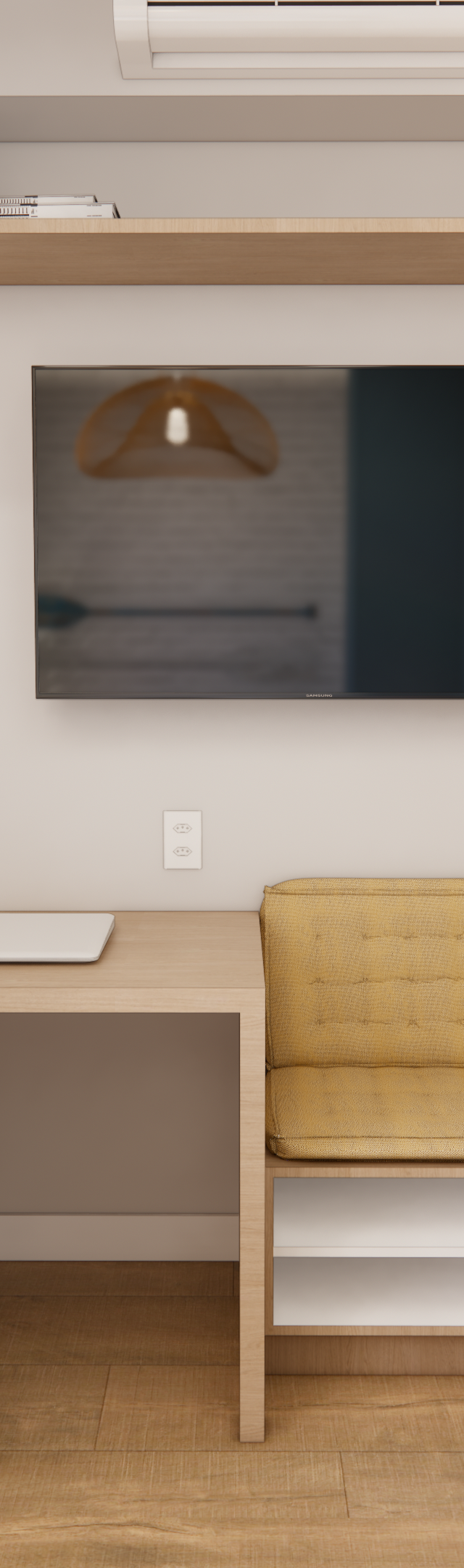 Render 3D do VC - TERRAE com bancada de madeira, banco estofado amarelo, prateleiras, TV e cadeira cinza em ambiente neutro