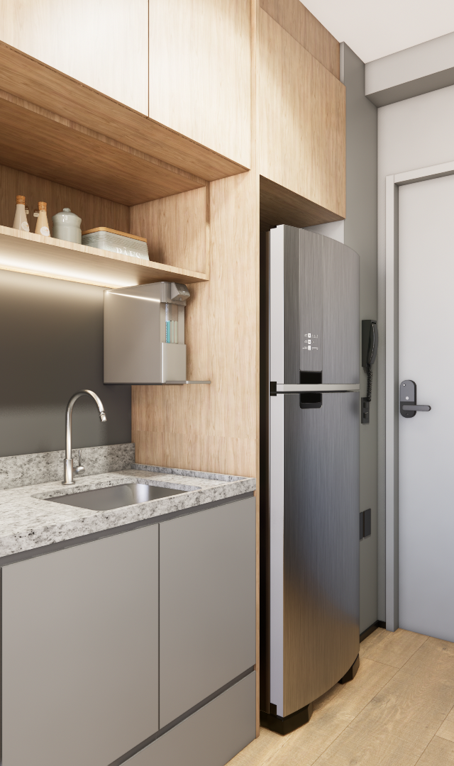 Render 3D de cozinha compacta VG Essential Perdizes com marcenaria em madeira e cinza, bancada em granito e luz indireta