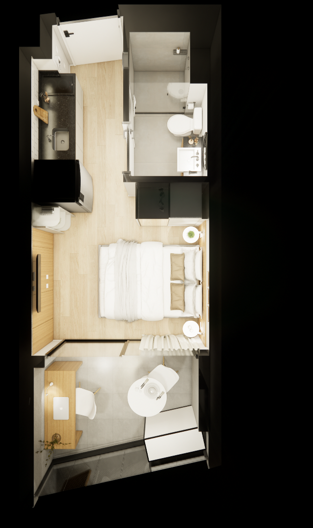 Planta baixa 3D de studio de 25m² com cozinha linear, banheiro, cama de casal, mesa de jantar e escritório em tons claros