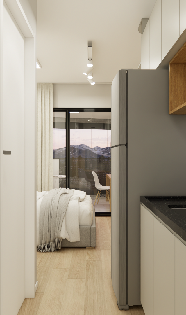 Render 3D de apartamento compacto com cozinha linear, marcenaria clara, bancada preta e quarto integrado ao fundo
