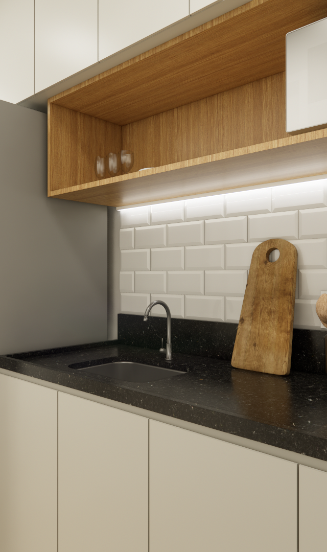 Render 3D de cozinha compacta com marcenaria branca, bancada preta, azulejos metrô, nicho em madeira e iluminação led