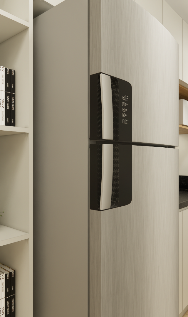 Render 3D de cozinha compacta com marcenaria bege, geladeira aço inox, nichos decorativos e piso amadeirado na Vila Madalena