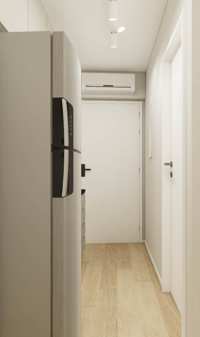 Render 3D do corredor de apartamento com estante nichada, geladeira cinza, piso amadeirado, paredes beges e iluminação led