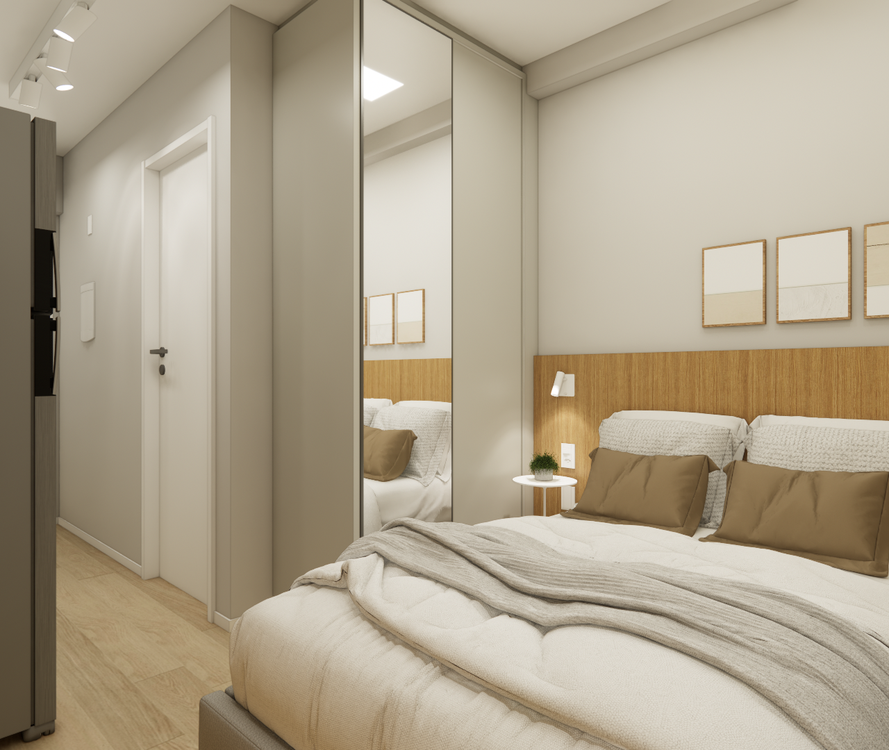Render 3D de quarto pequeno com cama, cabeceira amadeirada, armário espelhado, tons neutros e iluminação aconchegante